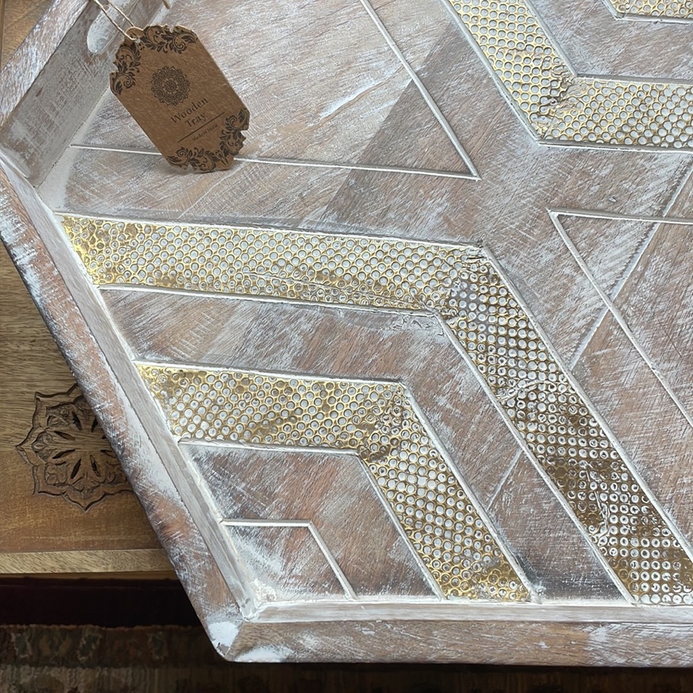 Unique Octagonal Distressed Natural Wooden Tray with Gold Accents ๐NWT! - Picture 9 of 16